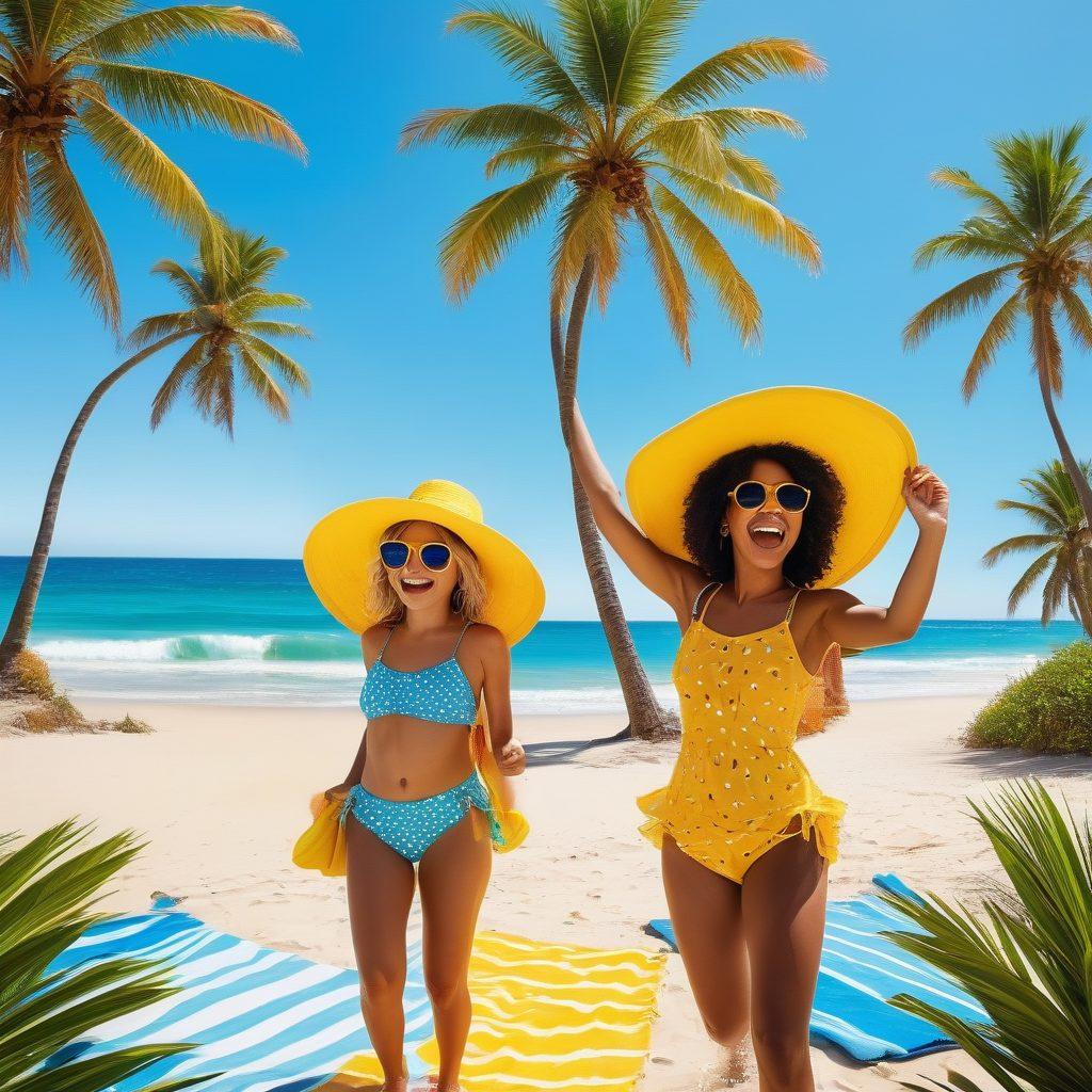 A whimsical and playful scene featuring two cartoon-style characters joyfully engaging in a lively beach adventure, surrounded by whimsical palm trees and vibrant ocean waves. Emphasize colorful beach attire and the lightheartedness of the moment, with exaggerated, fun representations of adventure and excitement. Include warm, bright colors that evoke happiness and fun. cartoon style. vibrant colors. sunny beach atmosphere.