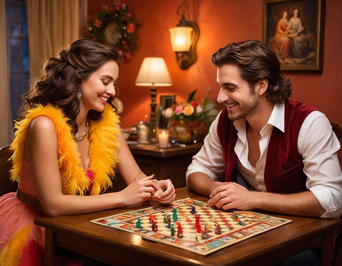 A playful scene depicting a couple in a cozy, humorous setting, engaging in flirty banter over a board game, surrounded by soft candlelight and fun props like feather boas and playful toys. Expressions of joy and flirtation are highlighted, capturing the essence of joy and seduction in adult play. Warm, inviting colors, with a touch of whimsy in the styling. painting. vibrant colors.